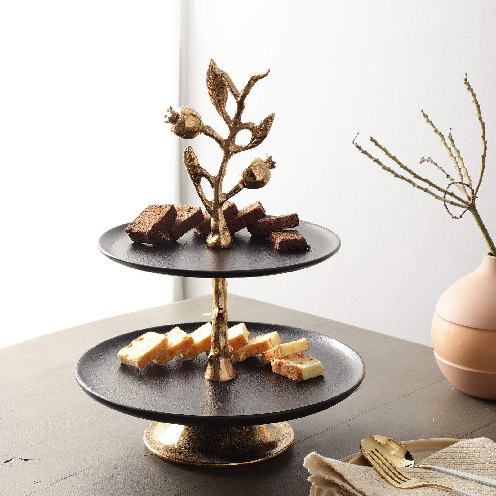 Metal Two layer cake stand in Gold Black